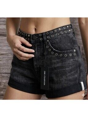 One Teaspoon Black Grommet Studded Bandits High Waisted Denim Shorts Size 26